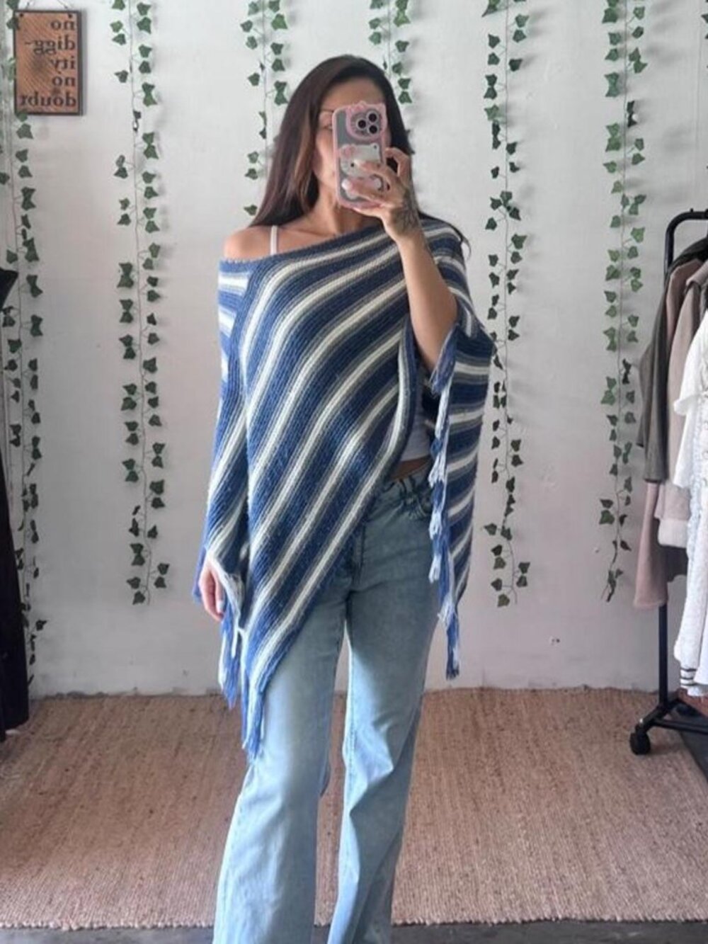 Vintage 90s Collection XIIX ltd blue, white and grey knitted poncho